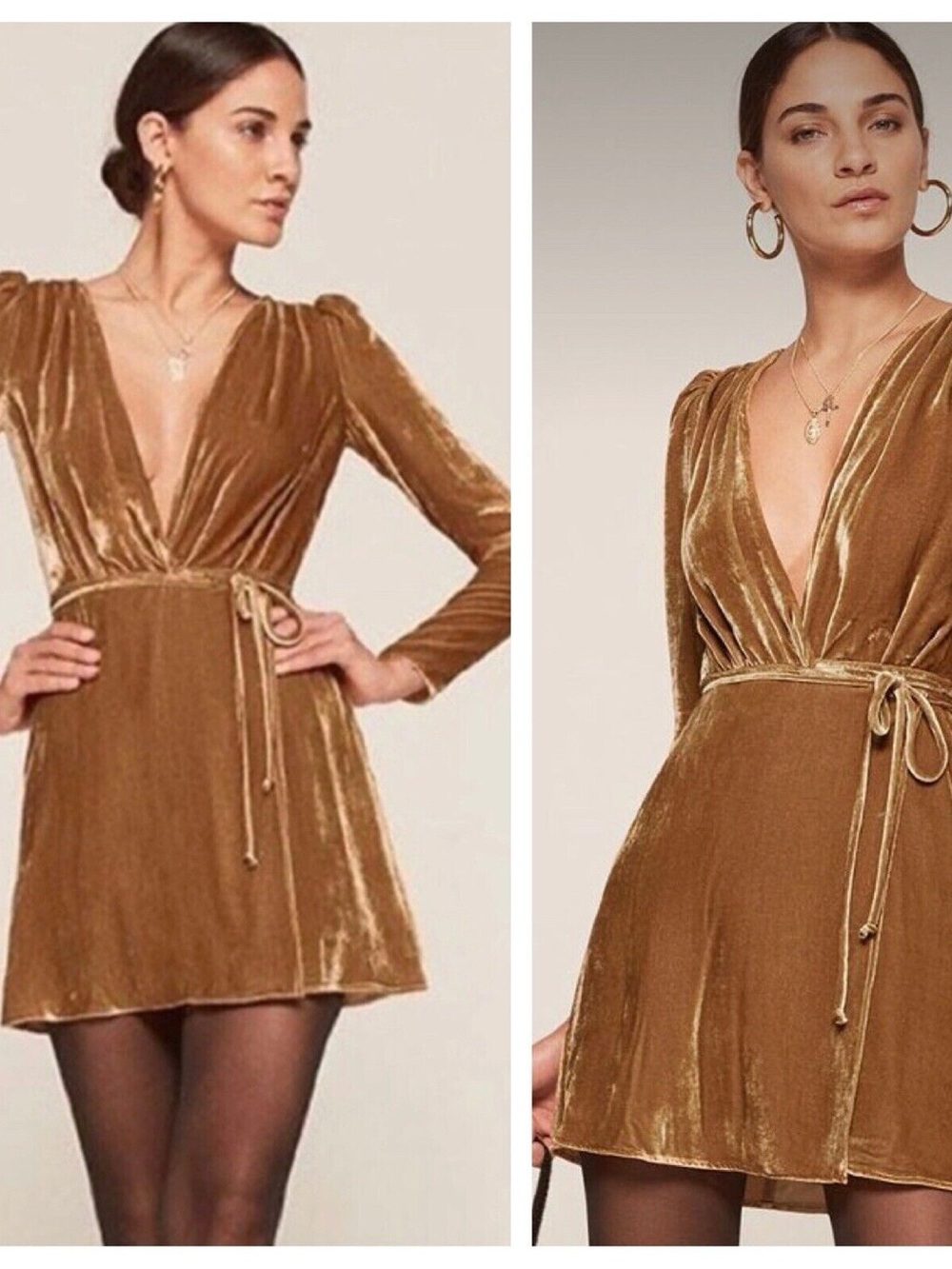 Reformation Chrissy Long Sleeve Velvet Wrap Dress in Caramel - Picture 9 of 11